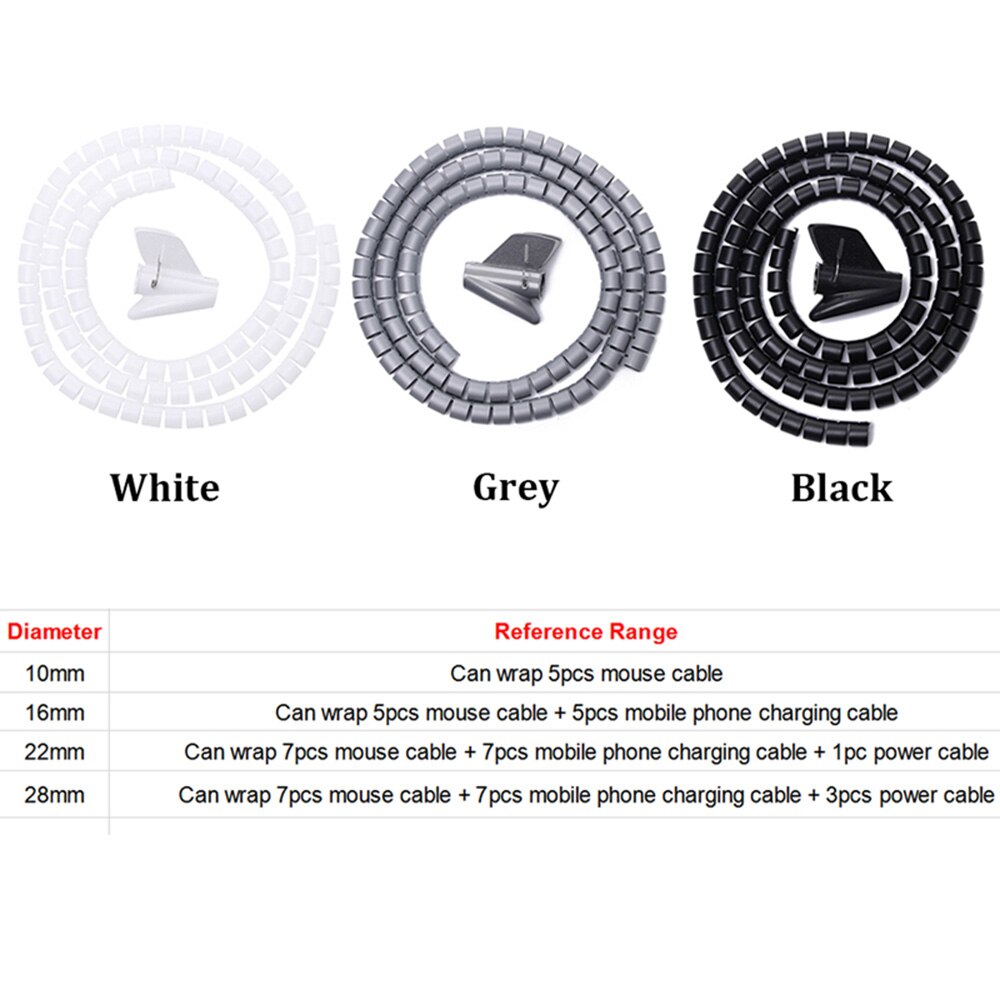 2M 16/10mm Flexible Spiral Cable Wire Protector Cable Organizer Computer Cord Protective Tube Clip Organizer Management Tools