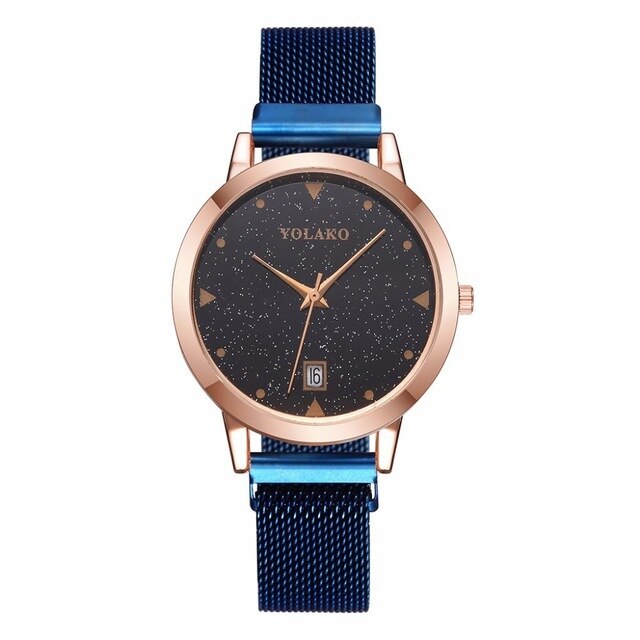 Vrouwen Magneet Gesp Sterrenhemel Horloge Met Kalender Luxe Dames Rvs Quartz Horloge Top Relogio Feminino: Blue