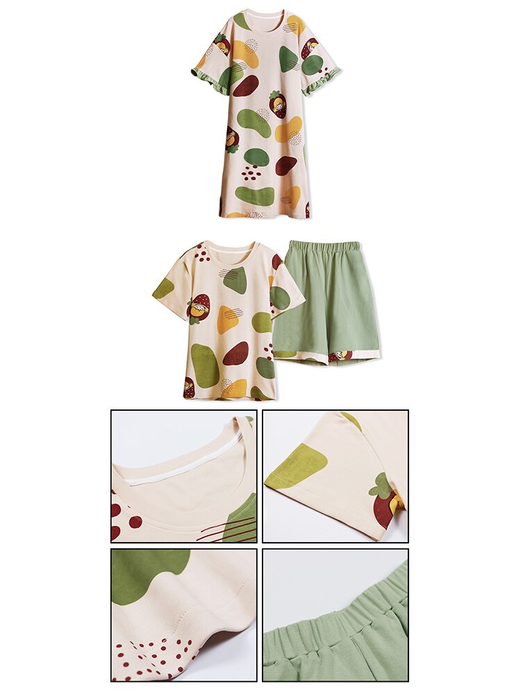 Conjunto de Pijama BZEL de estilo fresco para parejas, ropa interior con estampado de Fruta de dibujos animados, bonito vestido de noche verde, pantalones cortos de verano, , ropa de casa suelta