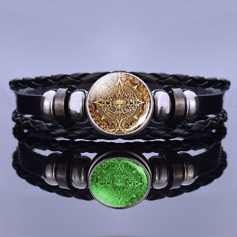 Glow In The Dark Aztec Calendar Mexican Art Men Punk Braided Bracelet Charm Mayan Calendar Jewelry: size 2