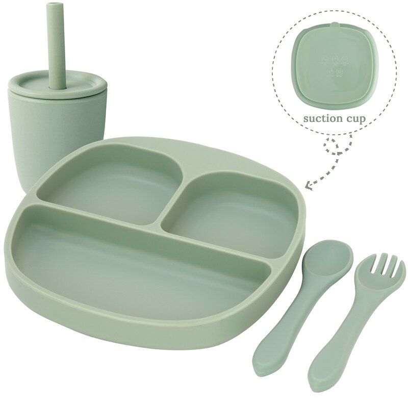 BPA Free Children's Tableware Baby Feeding Solid Food Dinner Set Plates Training Bowl Feeding Dishes Spoon Fork Straw Cup: 07-sage