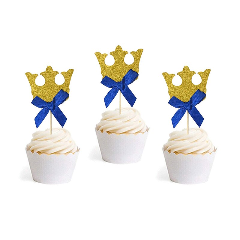 Suministros para fiestas de cumpleaños, decoración para cupcakes, Corona del príncipe, tema de dibujos animados, para bebés, niños y niñas, 10 unids/lote: Color zafiro profundo