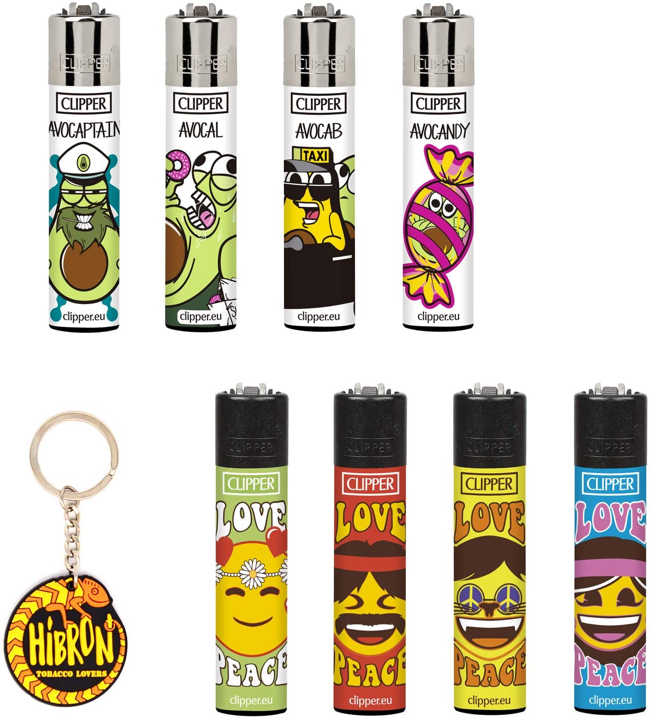 Pack de Clipper 8 Mecheros Encendedores Diversos Surtidos Bonitos + 1 Llavero Camaleón Hibron