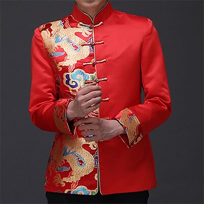 Dragon Pattern Jacquard Mens Red Suit Jacket Mandarin Collar Traditional Chinese Men Satin Wedding Jacket Frog Closure: Pattern 2 / XS