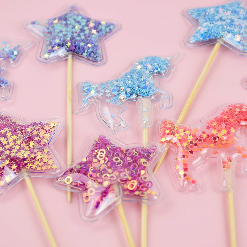 Relleno de lentejuelas de unicornio, Decoración de Pastel de estrellas, para magdalenas, de cumpleaños, decoración de ducha de bebé hojaldre para Postres, 5 uds.