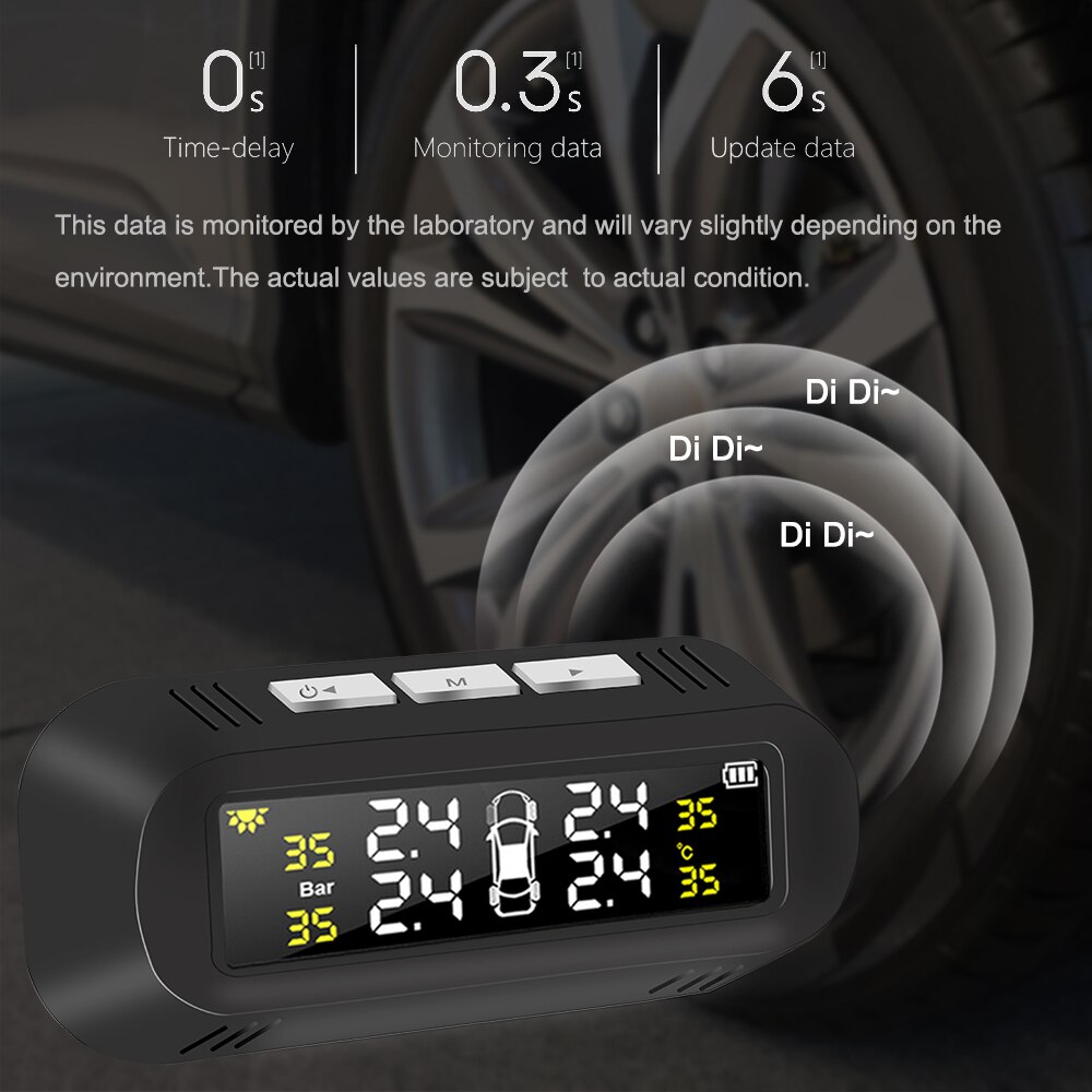 Car Tire Pressure Monitoring System 4 Internal Sensors Tyre Temperature Warning Alarm Kit Digital Display Solar TPMS