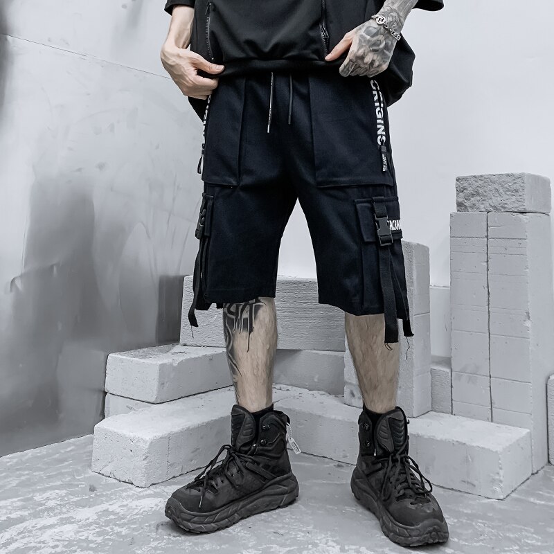 Ropa de calle para hombre, pantalones cortos informales con cintas de Hip Hop, Bermudas hasta la rodilla, pantalones cortos de playa para hombre, M-XXXL, verano,