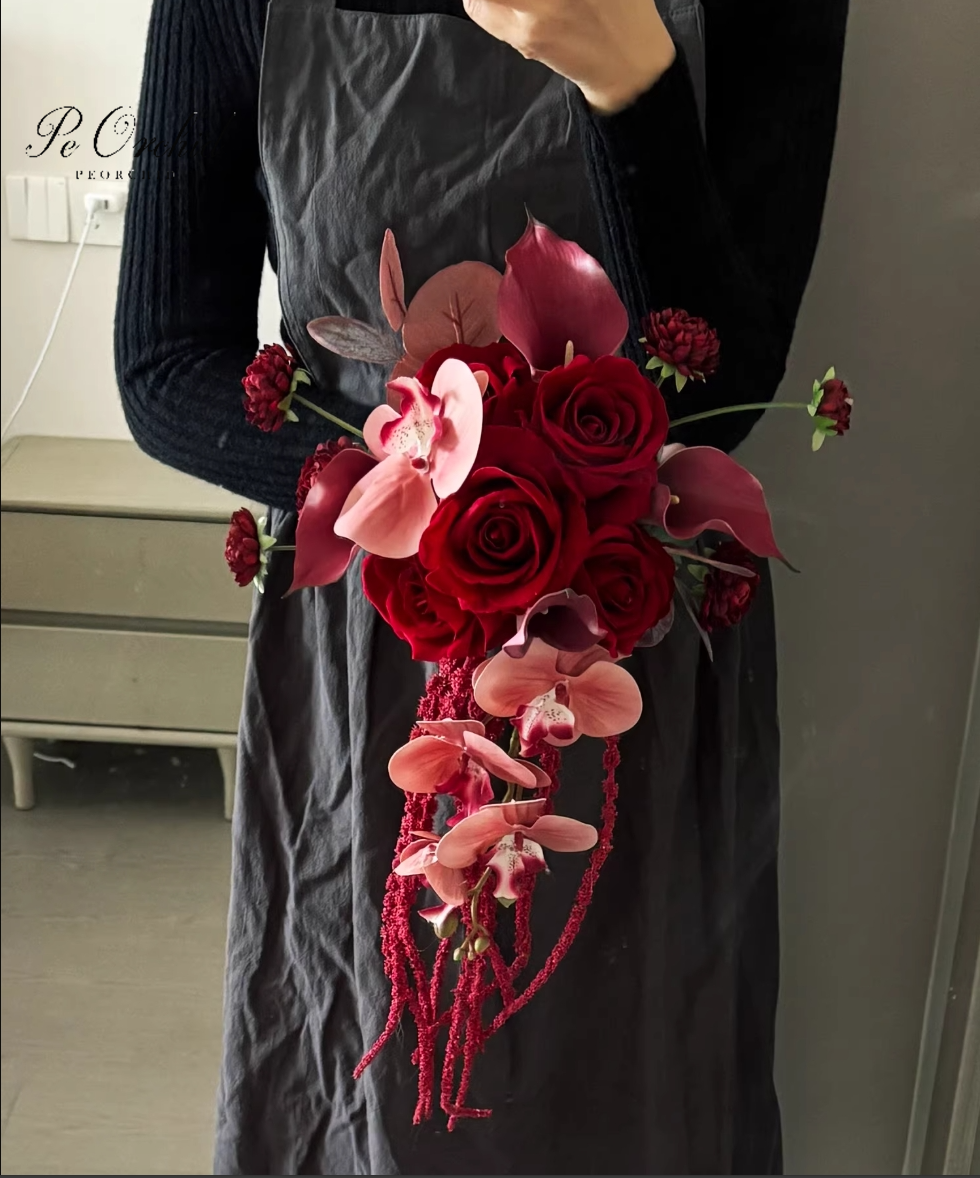 PEORCHID Kunstblumen-Hochzeitssträuße in verrotten mit Kaskadenstruktur für Brautjungfern, Ramo Novia, Orchideen und Rosen, künstlicher Blumenstrauß mit echter Haptik