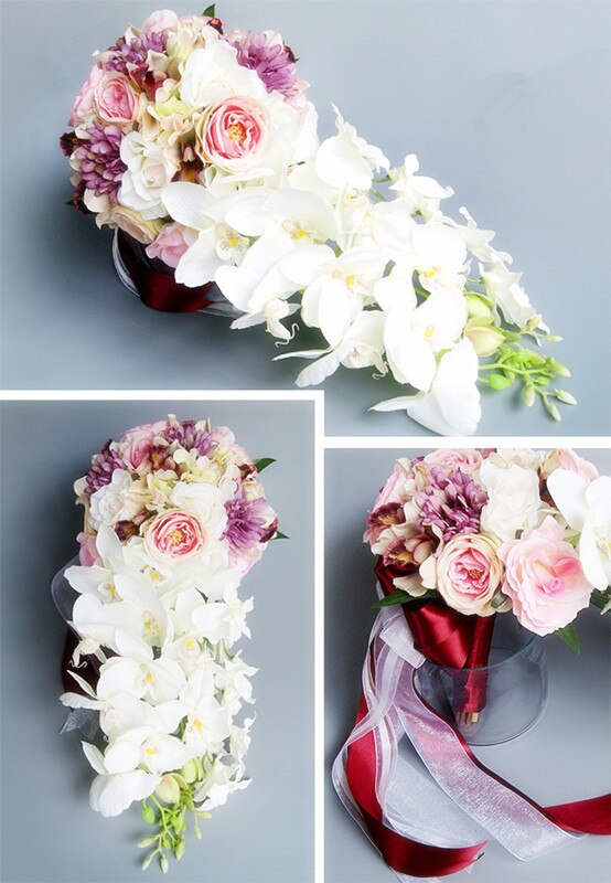 AYiCuthia Waterfall Pink white Wedding Flowers Bridal Bouquets Artificial Wedding Bouquets Rose S11: Red