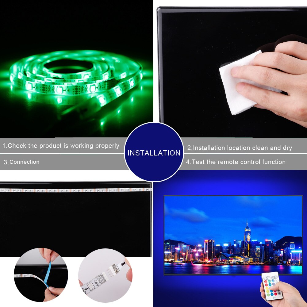 Juego de tiras de luces LED RGB de 2m, cinta de luces impermeables para música, luces de colores cambiantes con cable con mando a distancia para dormitorio, hogar, TV,