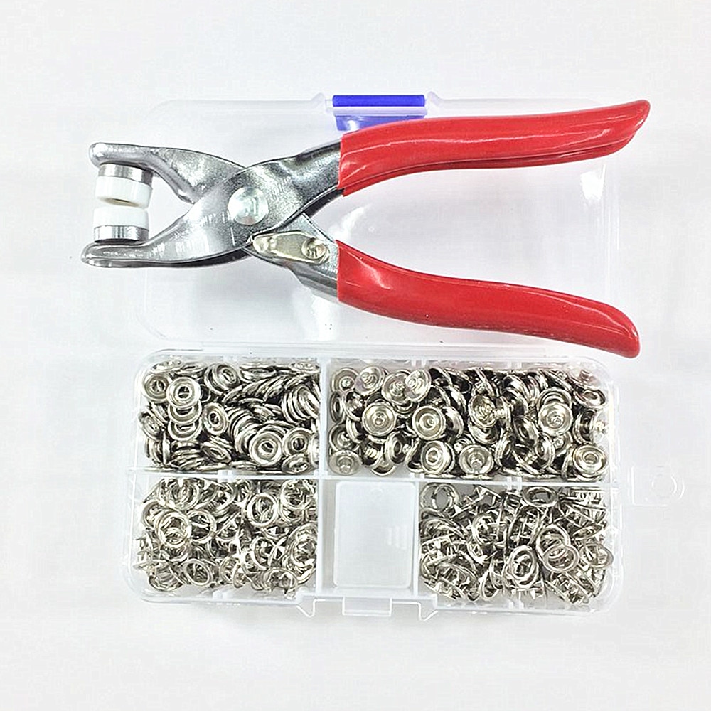 1Pc Tang Knop Tool + 100Sets Zilver 9.5Mm Metal Prong Snap Knoppen Fasteners Drukknopen Poppers Baby romper Gesp Snap + 1 Doos