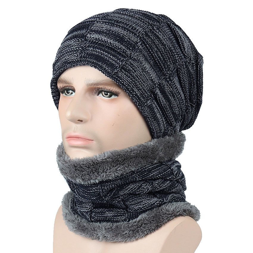 Vinter mænd hue og tørklæde sæt til kvinder mandlige ring tørklæder cap strik beanies slouchy hat blød stretch kabel skullies varm jakkesæt: Marineblå hat tørklæde sæt