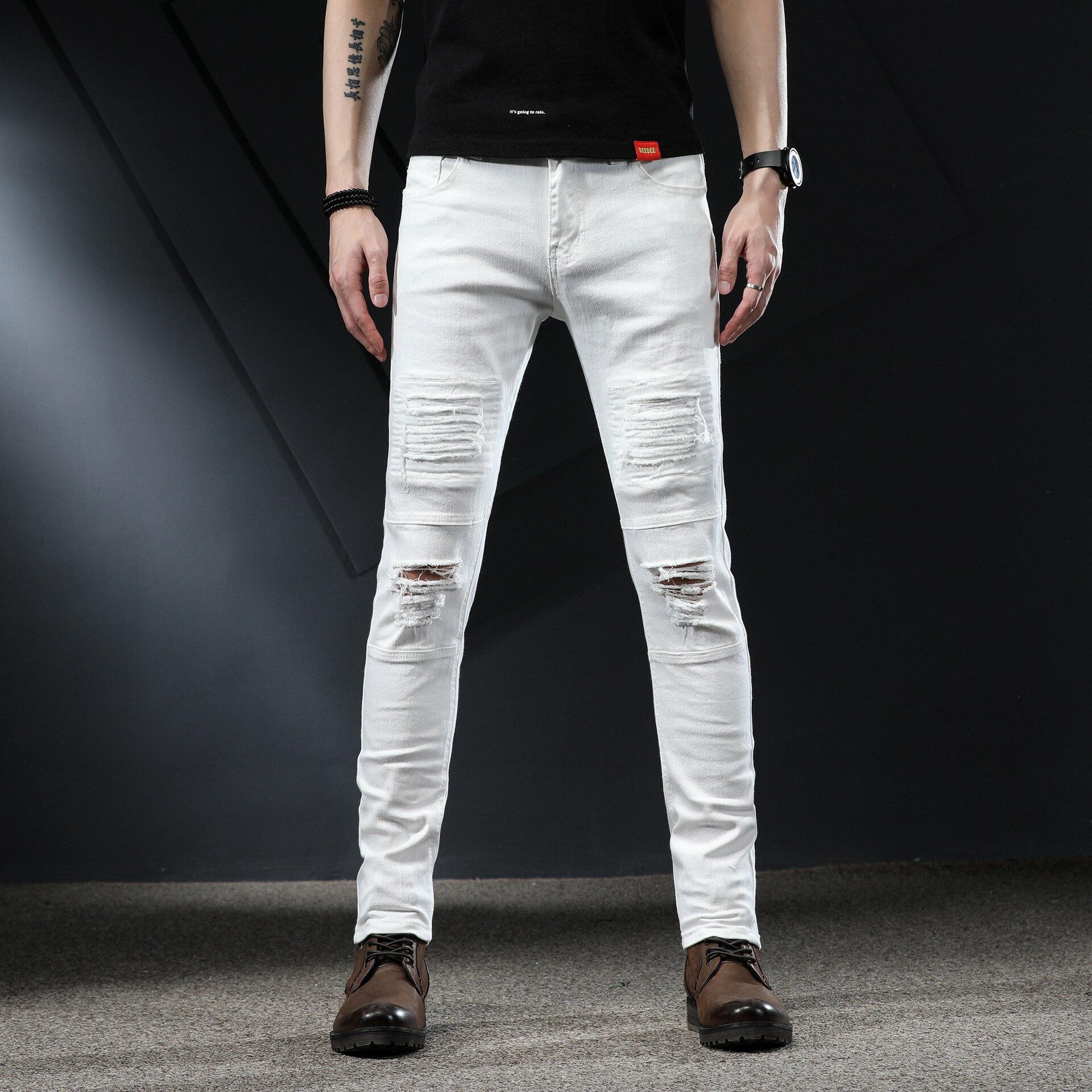 Ripped Jeans Voor Mannen Skinny Witte Jeans Stretch Denim Broek Jeans Heren Jeans Streetwear Patched Verontruste Grote Maat: 33