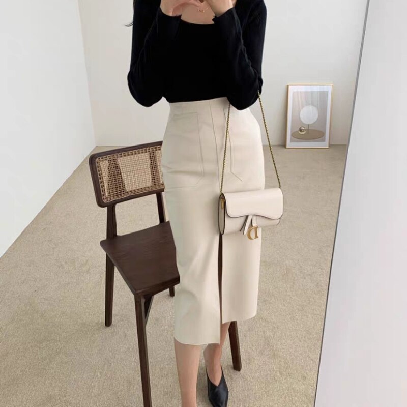 Pu Black Beige Sexy Women Pencil Skirt High Waist Package Hip Female Leather Skirts Midi Hem Split Club Skirt Bottomings: beige / S