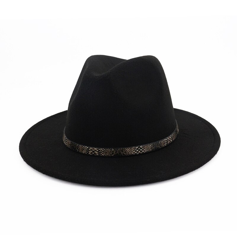 QBHAT femmes hommes à large bord laine feutre chapeau disquette Jazz casquette Panama Fedora chapeaux avec serpent Grain cuir Trilby QB57: Black
