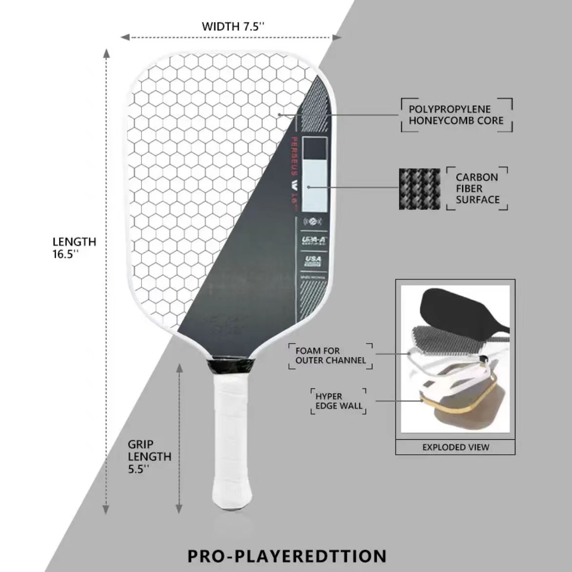 Perseus IV Pickleball Paddle Pro Player Edition Gen 4 Propulsion Core 16mm Thermoformed Toray T700 Carbon Fiber Pickleball