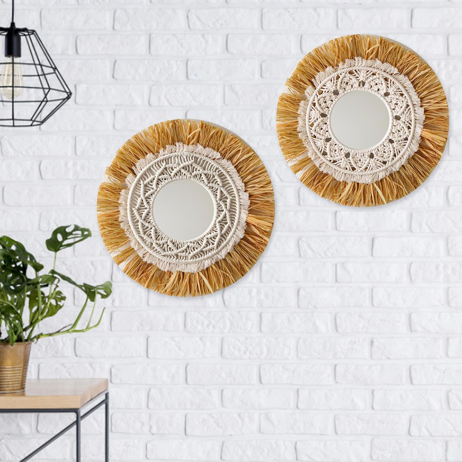 Boho Raffia Wall Hanging Mirror Macrame Nordic Mirrors Apartment Decoration