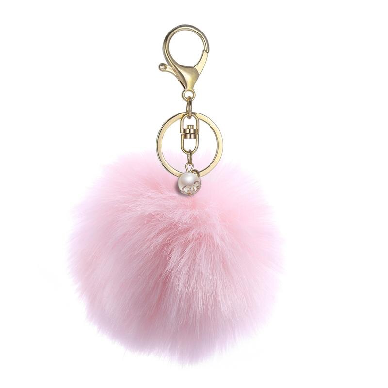 Enfärgad fluffig boll pom pom boll nyckelring berlocker hänge för handväska nyckelring bilinteriör tillbehör nyckelringar (rosa)