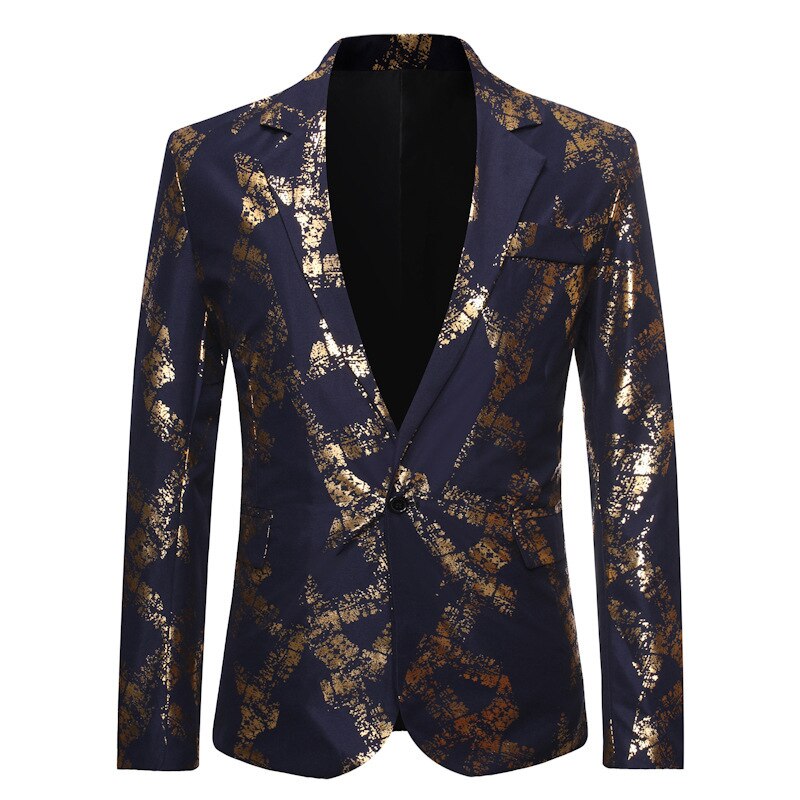 Shenrun hommes Blazers noir bleu marine or imprimé veste mariage costume casual Blazer chanteur hôte DJ scène vestes musicien Costumes: Navy blue / XXL
