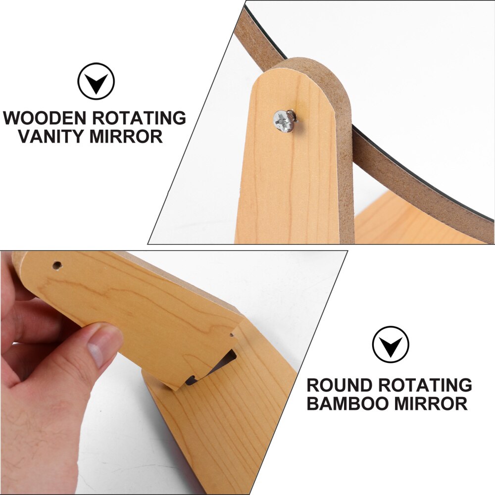 Vanity Makeup Mirror with Natural Wood Stand 360 Degree Swivel Desktop Mirror