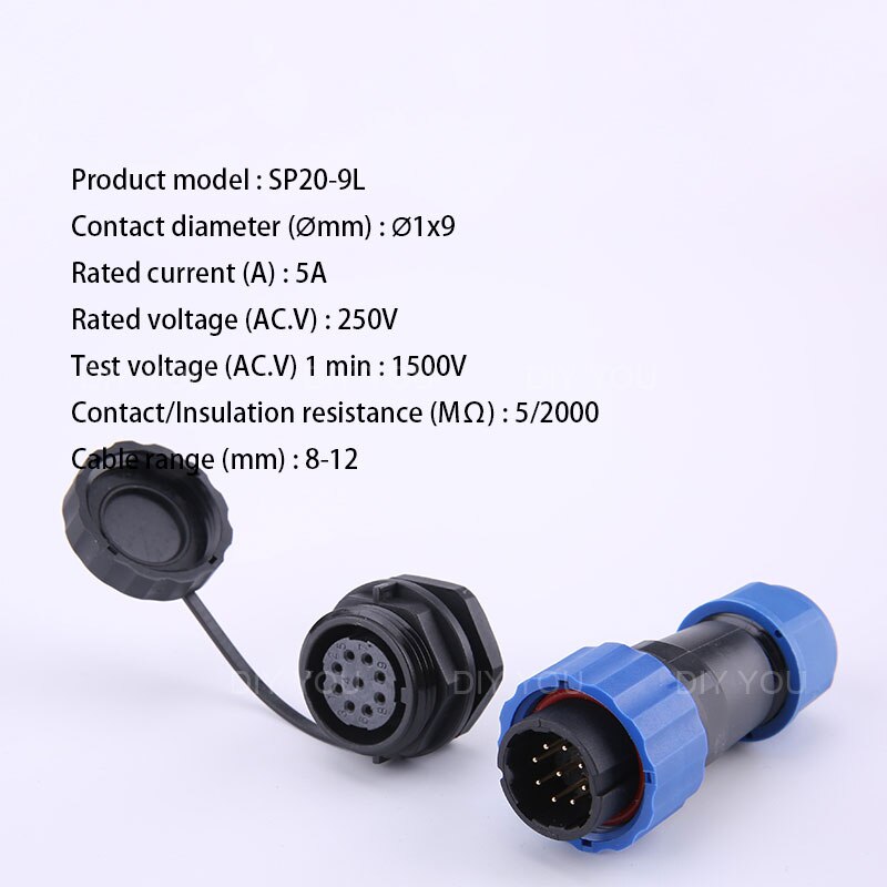 Waterdichte connector met sp20 ip68 moertjes aan de achterkant, 1/2/3/4/5/6/7/9/10/12/14- pins luchtvaartconnectoren, stekker en stopcontact: Sp20-9l