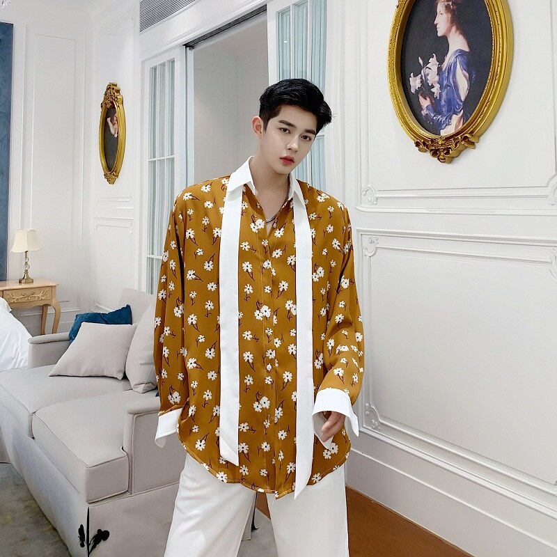 Men Bow Tie Long Sleeve Vintage Casual Loose Shirts Japan Korea Style Male Flower Print Dress Shirts Stage Clothes