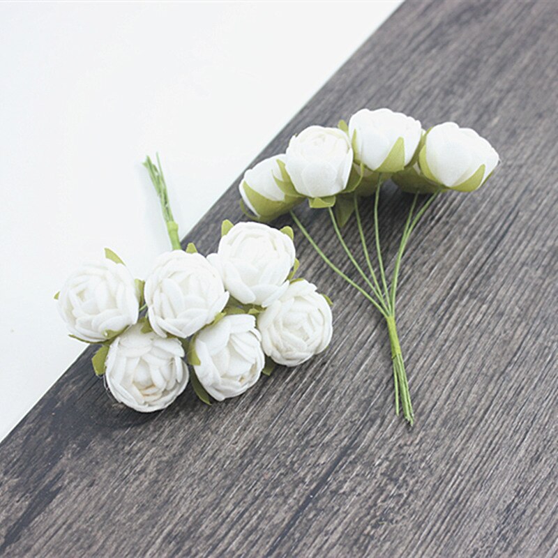60 stk kunstig rose lille buket brud bryllup blomst blomst jul hjem stue dekoration blomst: Hvid