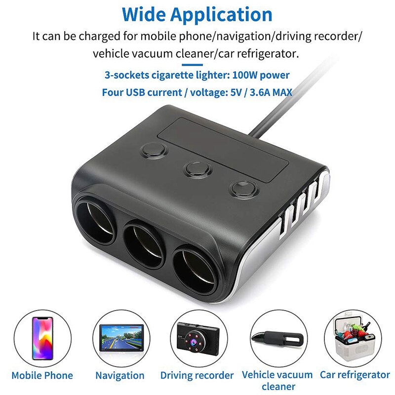 3-Sockets Sigarettenaansteker Splitter,100W 12V/24V Car Power Dc Outlet Adapter Met 3.6A 4 Usb Poorten Opladen Autolader