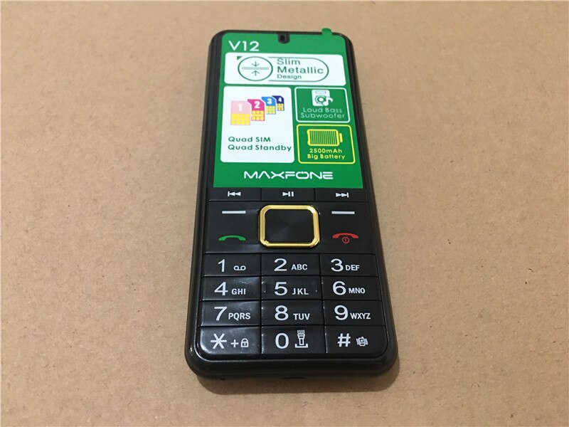 Maxfone  v12 mobiele telefoon met drukknoppen, 2.8 inch quad-sim toetsenbord, bluetooth zaklamp,  mp3 radiocamera, bighorn 4 sim-telefoon: V12 voeg 64gb tf toe / Zwart