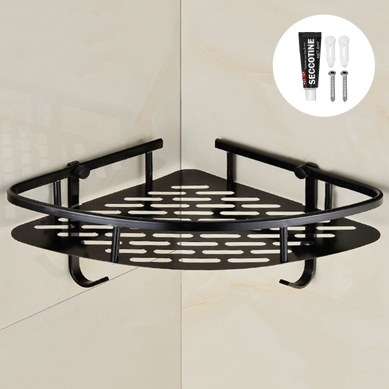 Estantes colgantes para baño, organizador de 2 capas, estante de esquina, soporte para champú sin perforaciones, estante de almacenamiento, cesta de inodoro: A-Black 1 layer