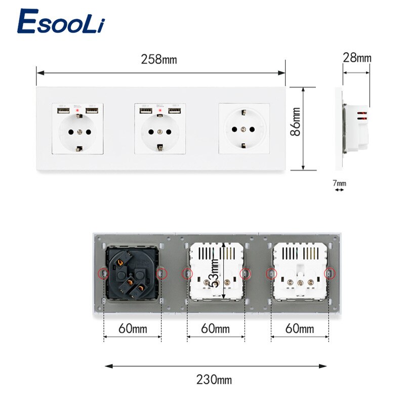 Esooli Muur 16A Eu Standaard Multi Way Stopcontact Plug Geaard Stopcontact Met Usb Pc Plastic Outlet Strip Socket