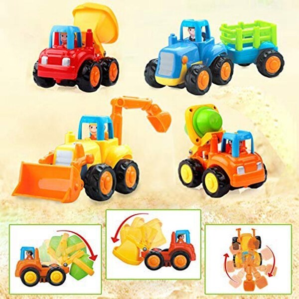 Tegneseriefrifriktionsdrevne legekøretøjer til småbørn 4 -pack, dumper, cementblander, bulldozer, traktor, legetøjsvogne, småbørnslegetøj