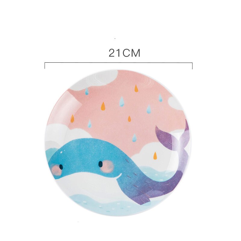 Children's Ceramic Dinner Plate Cartoon Animation Bone China Round Bowl Household Kitchen Supplies Cute Fruit Plate: E