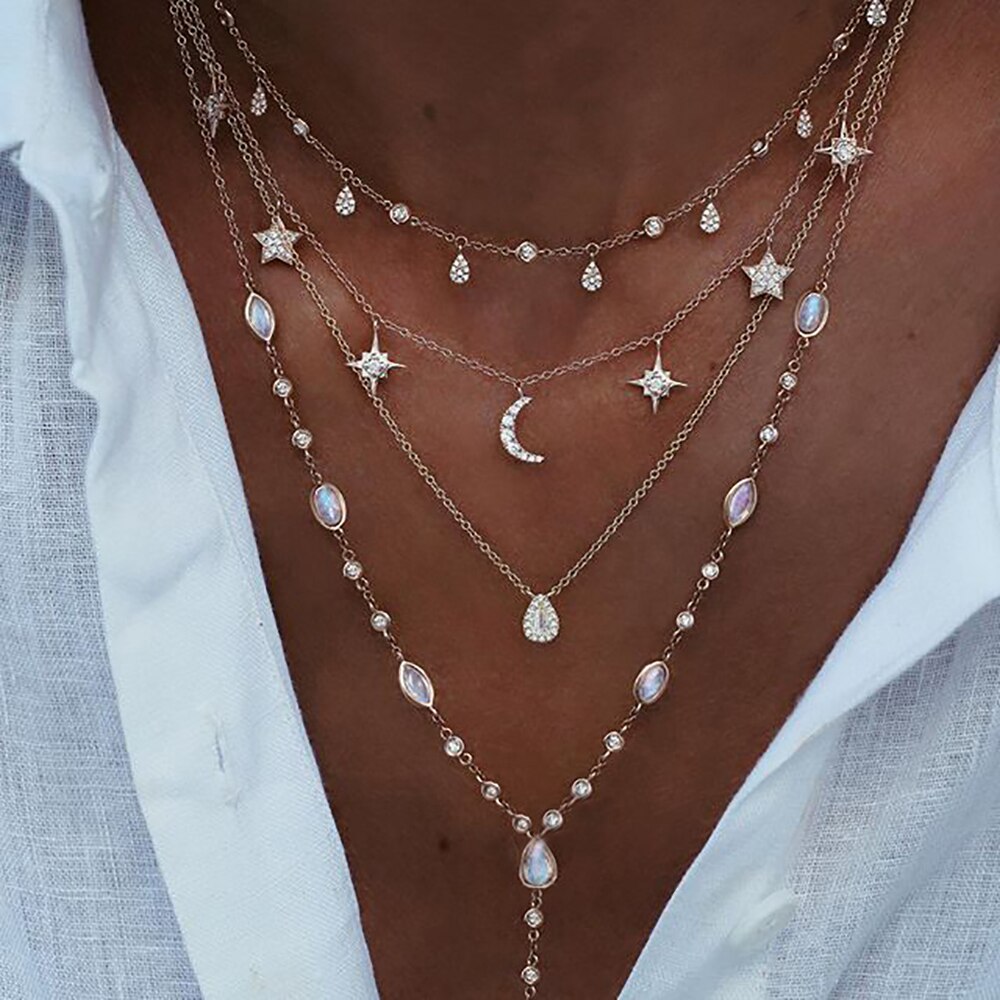 Vintage Crystal Geometry Star Moon Lock Necklace For Women Boho Multi-level Pendants Necklaces Chokers Jewelry