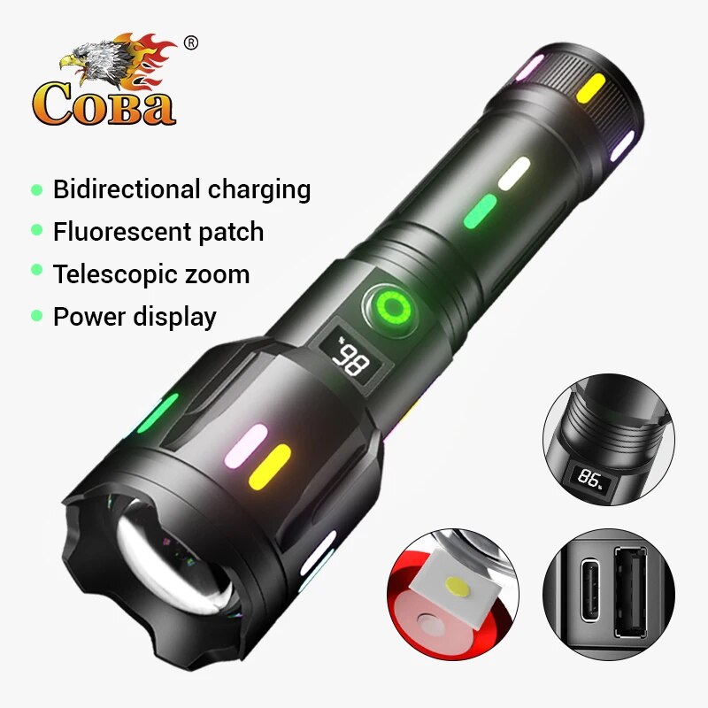 Hochleistungs-Scheinwerfer, LED-Taschenlampe mit großer Reichweite, fluoreszierende absorbierende Folie, leuchtende bunte Zoomen-Taschenlampe, Camping-Notfall