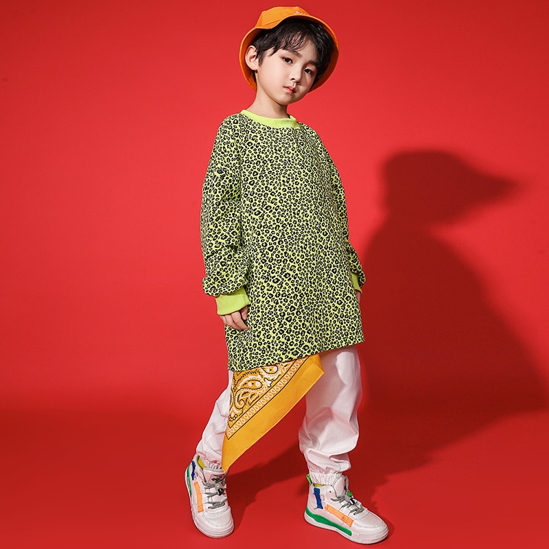 Kids Hip Hop Dancing Outfits Leopard Print Long Sleeve Sweatshirt Streetwear Jogger Pants for Boys Jazz Dance Costume Clothing