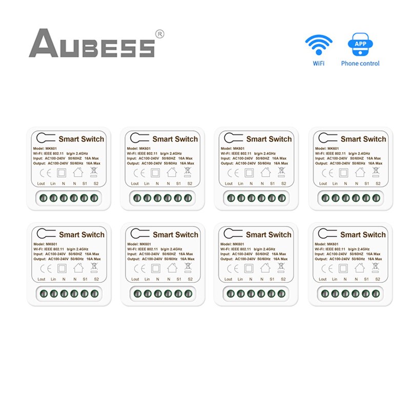 Tuya WiFi MINI Smart Switch 2 Way Control 16A Switch Smart Home Works With Smart Life App Voice Control Alexa Google Home Alice: 8Pcs