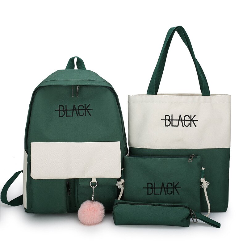 4Pcs/set Canvas School Bags For Teenager Girls Students Larger Capacity Women School Travel Backpacks Female Book Bags: Green