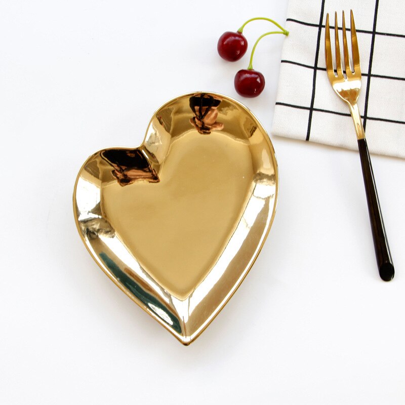 Heart Shape Ceramic Plate Bowl Irregular Electroplating Gold Porcelain Dinnerware Romatic Breakfast Snack Dishes Plate