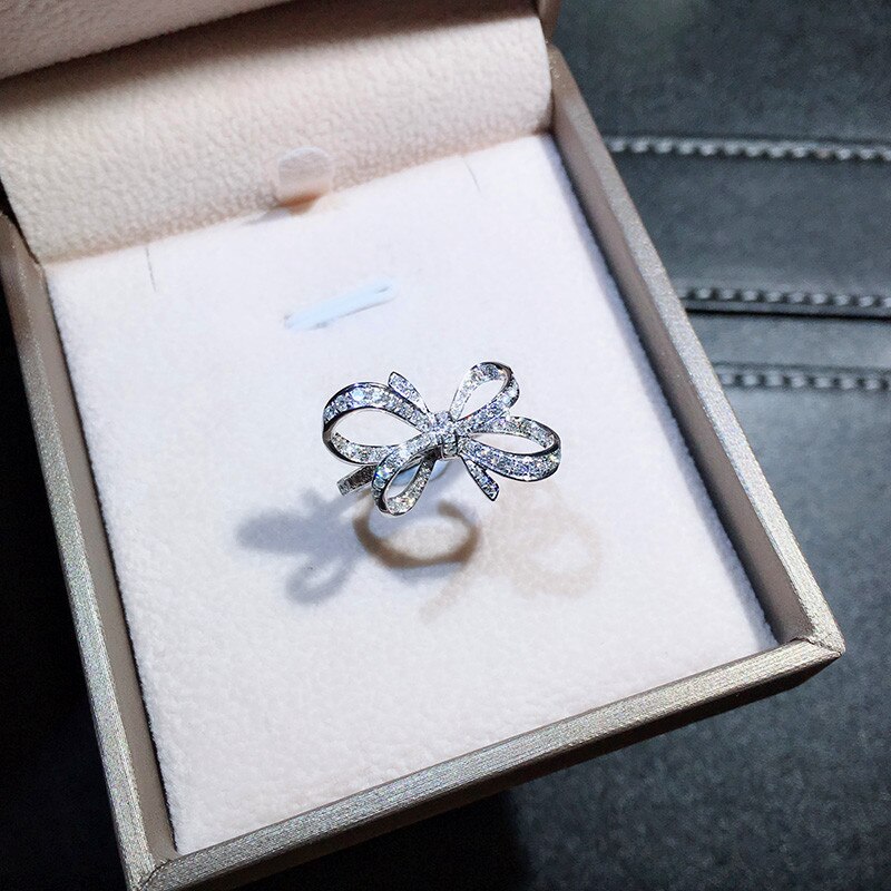Luxus Weibliche Schmetterling Bowknot Hochzeit Ringe Elegante Silber Farbe Liebe Finger Ring Versprechen Zirkon Engagement Ringe Für Frauen