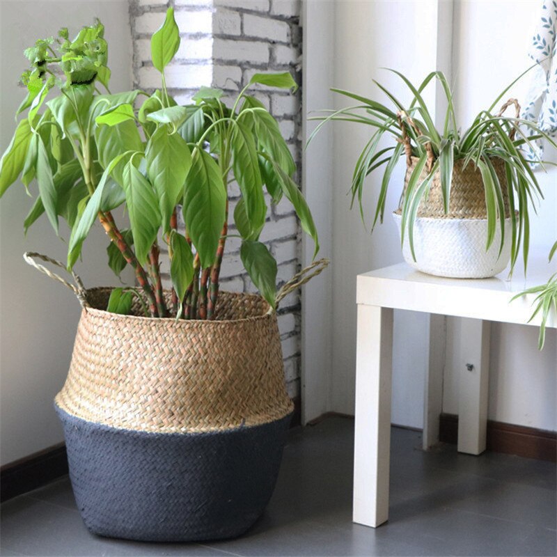 Handmade Bamboo Storage Baskets Foldable Laundry Straw Patchwork Wicker Rattan Seagrass Belly Garden Flower Pot Planter Basket