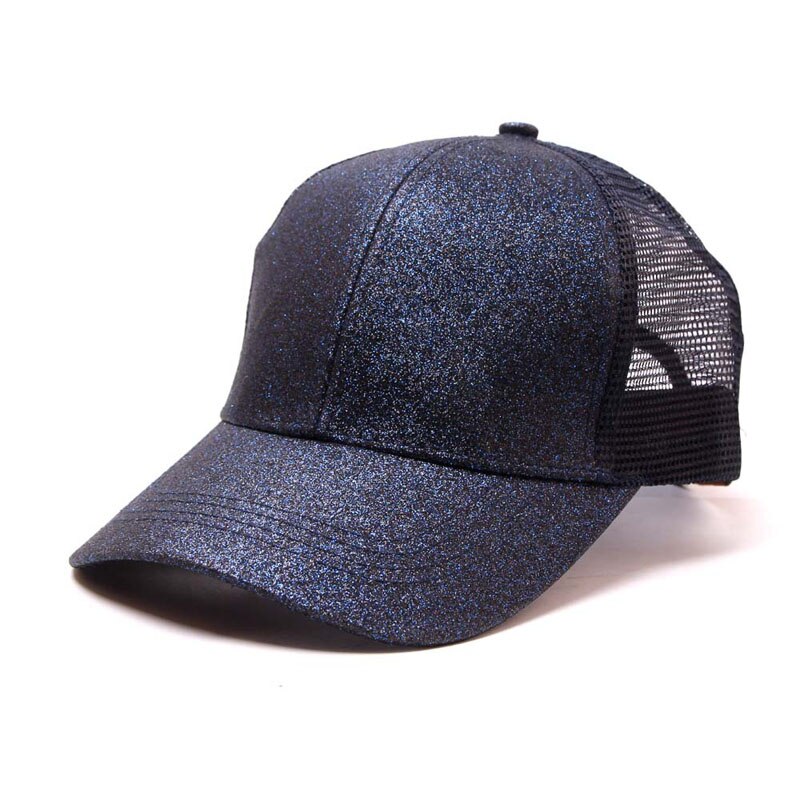 Summer Mesh Baseball Caps For Women Glitter Matte Ponytail Cap Shining Sequins Messy Bun Snapback Hip Hop Hat: navy