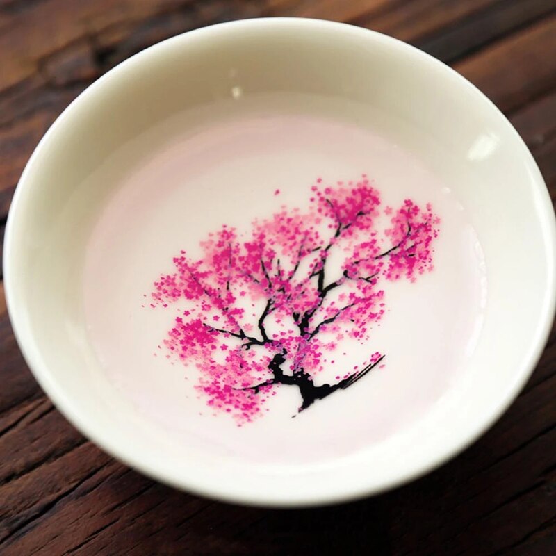 Magic Sakura Sake Cup Color Change with Cold Water-See Peach Cherry Flowers Bloom Magically Sakura Blossom Tea Bowl DTT