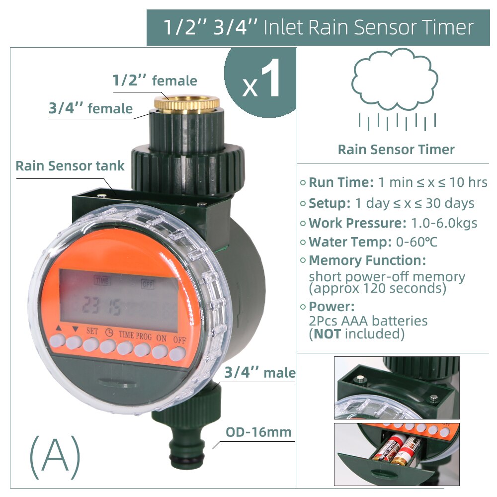 1PC Water Timer Rain Sensor Solar LCD Double Dial Ball Valve Controller Garden Watering Irrigation 1/2&#39;&#39;3/4&#39;&#39; Tap Joint Solenoid: A-1PC