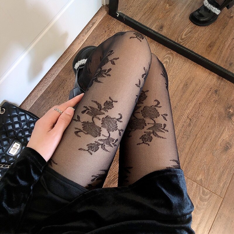 Lolita Sexy Rose Flower Print Nylons Woman Pantyhose Tights Black White Seamless Summer Stocking Female Hosiery Party Clubwear: black