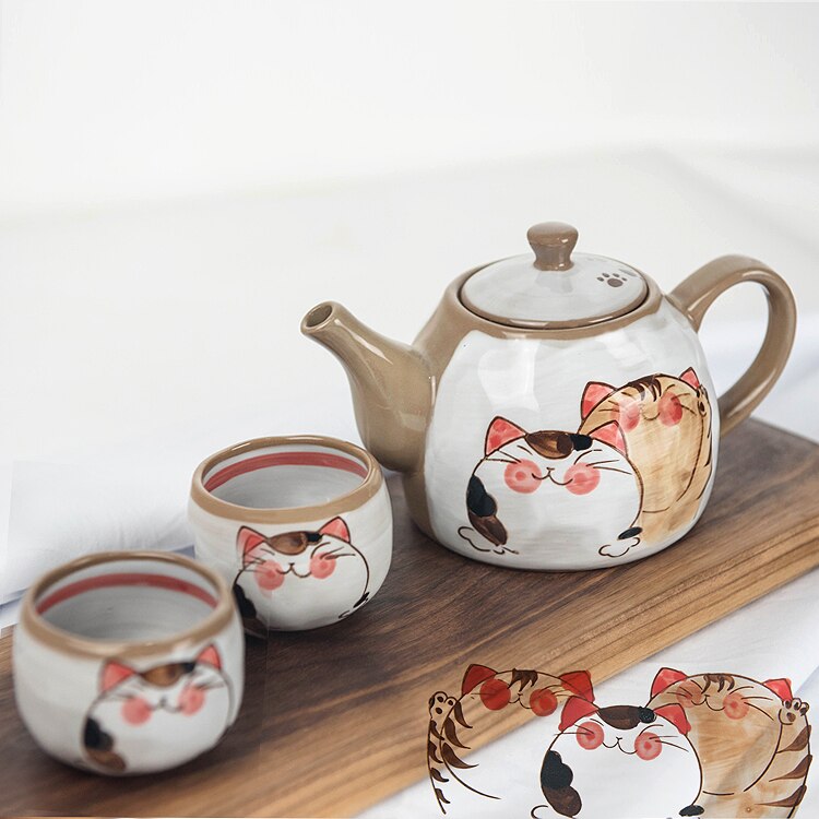 Japanse leuke cartoon kat Kung Fu theepot thee set ruwe aardewerk geschilderd onderglazuur kleur