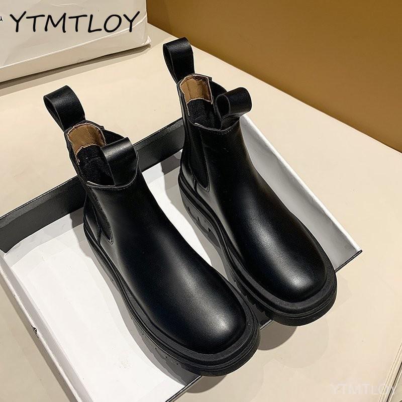 ¡Novedad de ! Botines de mujer de suela gruesa, botines de mujer de piel negra con plataforma, zapatos informales para mujer, botas de punta redonda para mujer