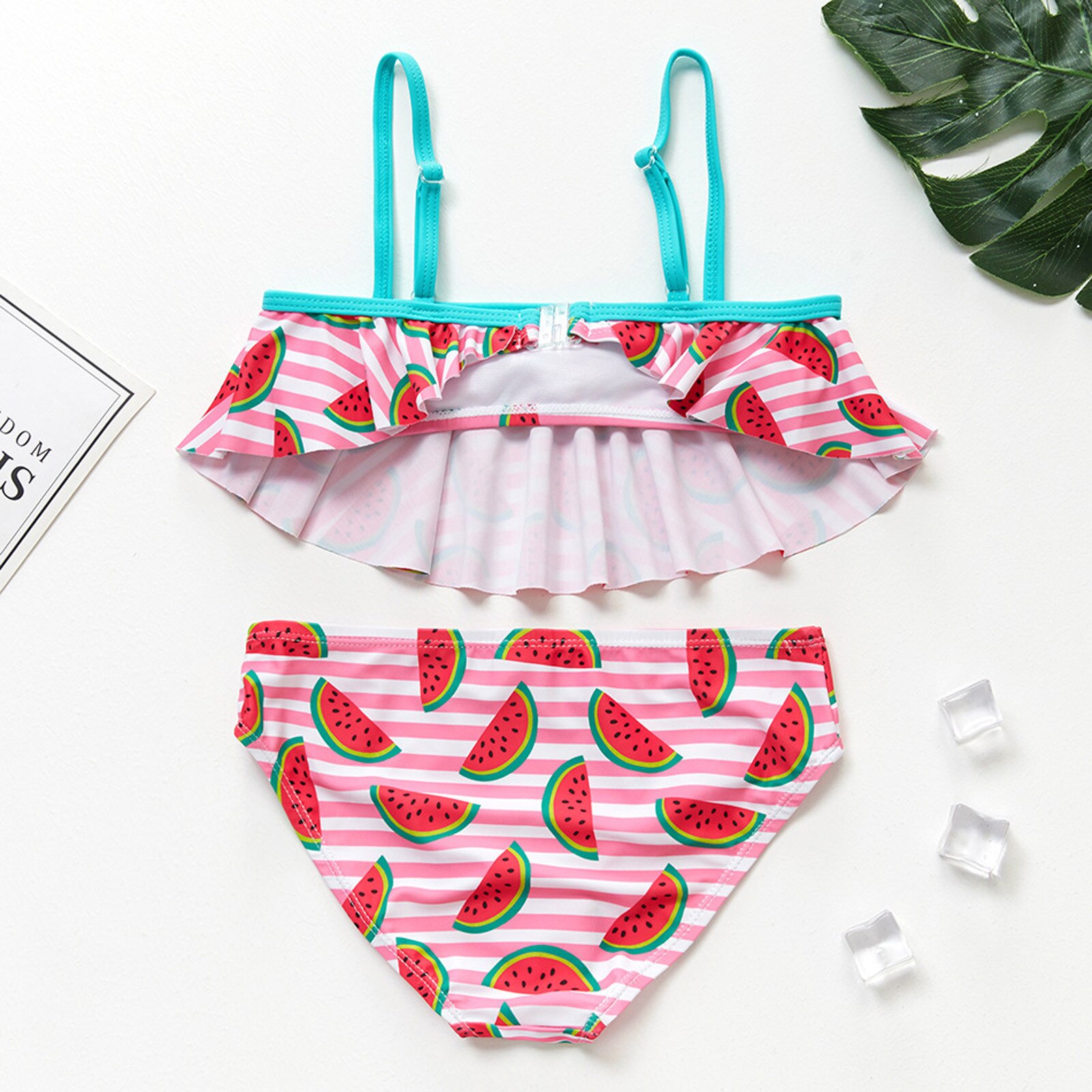 Girls Swimsuit Striped Watermelon Print Biquini Infantil Swimming suit 2pcs Split Bikini Swimsuit Children's Ruffled Swimsuit