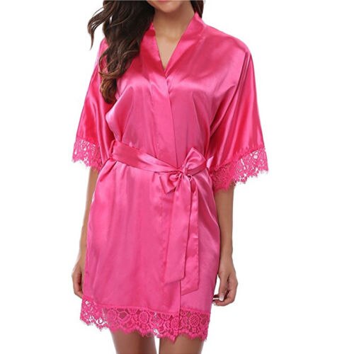 Women Ladies Satin Plain Silk Sleepwear Nightgowns Womens Smooth Pink Red Gold Silver Blue White Black Sleepshirt with Slash: Rose