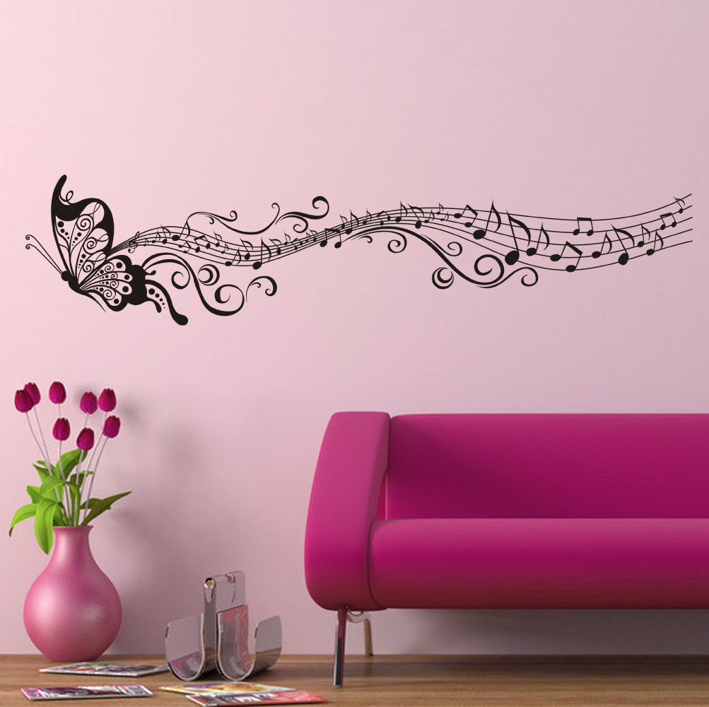 Black purple note butterfly wall stickers decorative living room art mural DIY decoration children room music wallpaper sticker